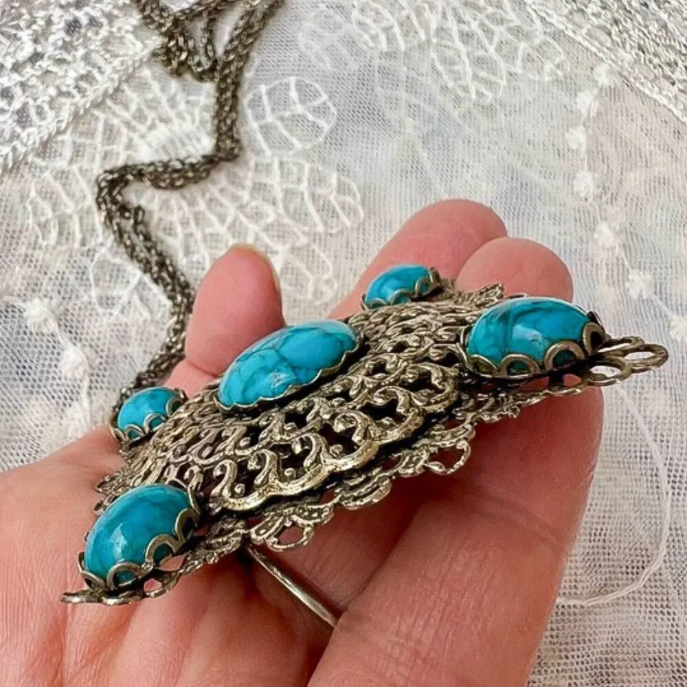 Vintage Victorian Revival Faux Turquoise Pendant Necklace